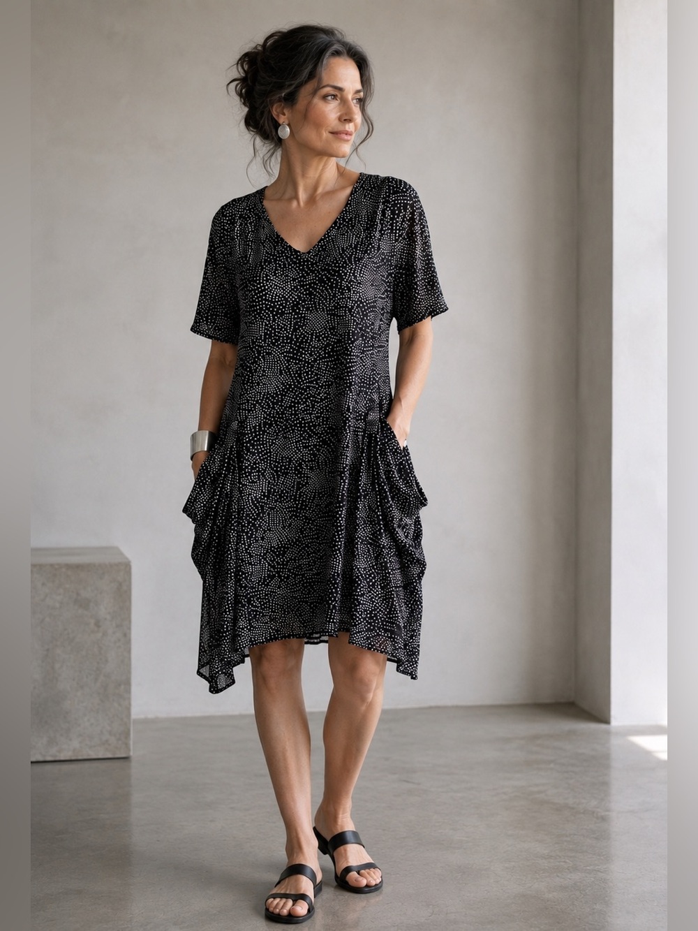 NICHE BY NILGUN DERMAN BLACK WHITE POLKA DOT HAMPTONS OLD MONEY STYLE DRESS SZ S